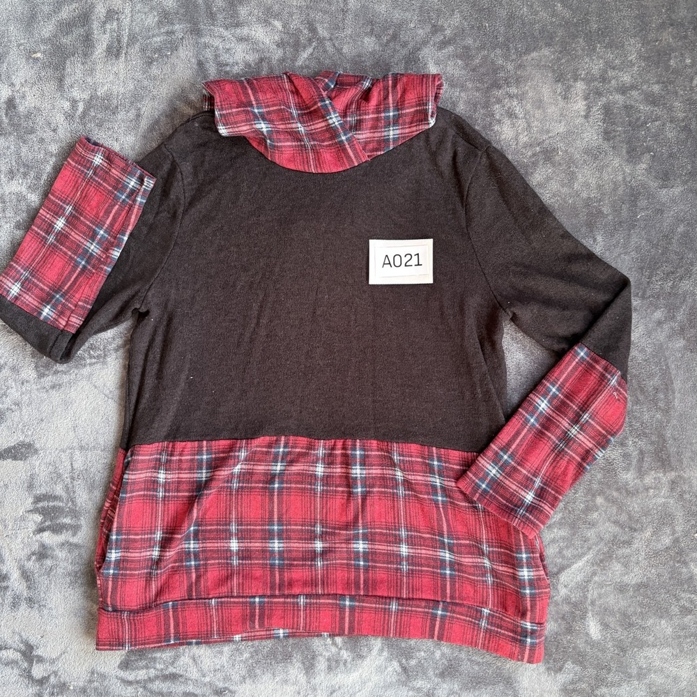 Cream n Sugar Plaid Hooded Top Womens XL Red Black Colorblock Preppy USA VTG